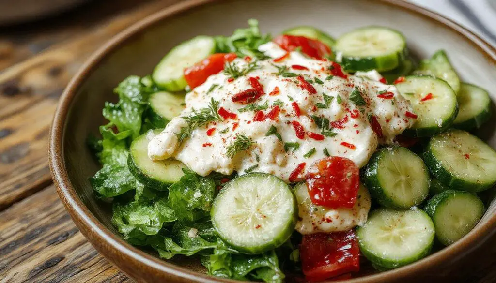 A vibrant bowl of creamy cucumber salad featuring sliced fresh cucumbers coated in a smooth, white dressing. The salad is garnished with herbs and served in a clear glass bowl, highlighting the cool green cucumbers contrasted with the creamy dressing.