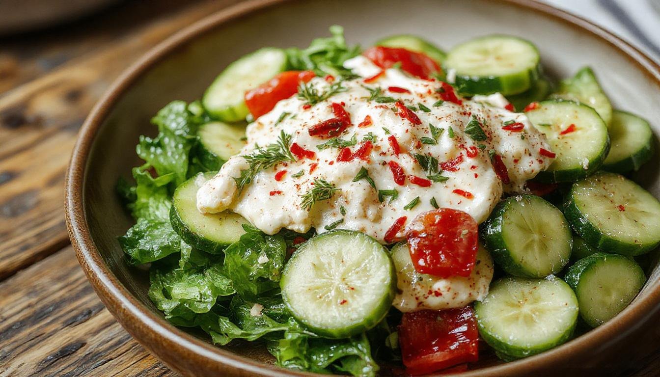 A vibrant bowl of creamy cucumber salad featuring sliced fresh cucumbers coated in a smooth, white dressing. The salad is garnished with herbs and served in a clear glass bowl, highlighting the cool green cucumbers contrasted with the creamy dressing.
