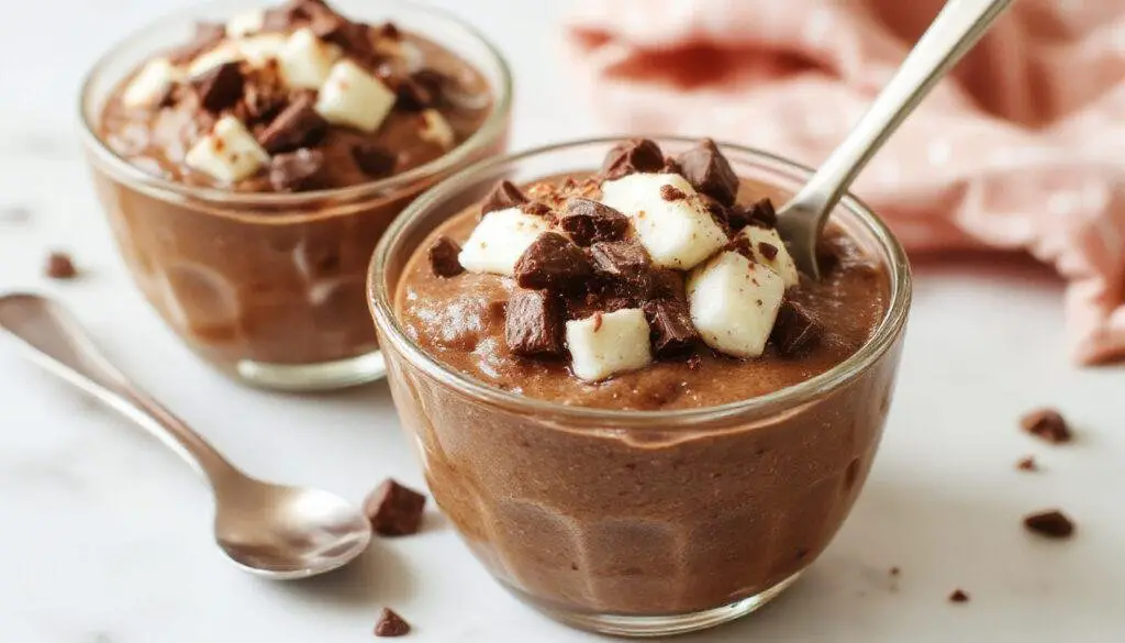 A smooth, creamy chocolate pudding in a transparent glass, topped with a sprinkle of shredded coconut and a few fresh berries, showcasing its rich texture and glossy surface