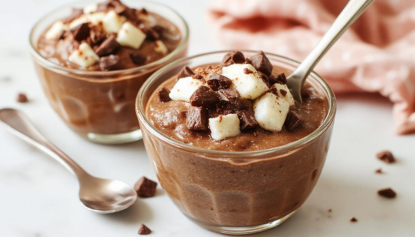 A smooth, creamy chocolate pudding in a transparent glass, topped with a sprinkle of shredded coconut and a few fresh berries, showcasing its rich texture and glossy surface