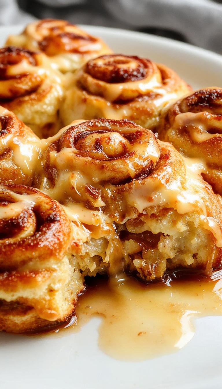A baking dish filled with freshly baked peach cobbler cinnamon rolls topped with a dusting of powdered sugar, surrounded by fresh peach slices and cinnamon sticks.