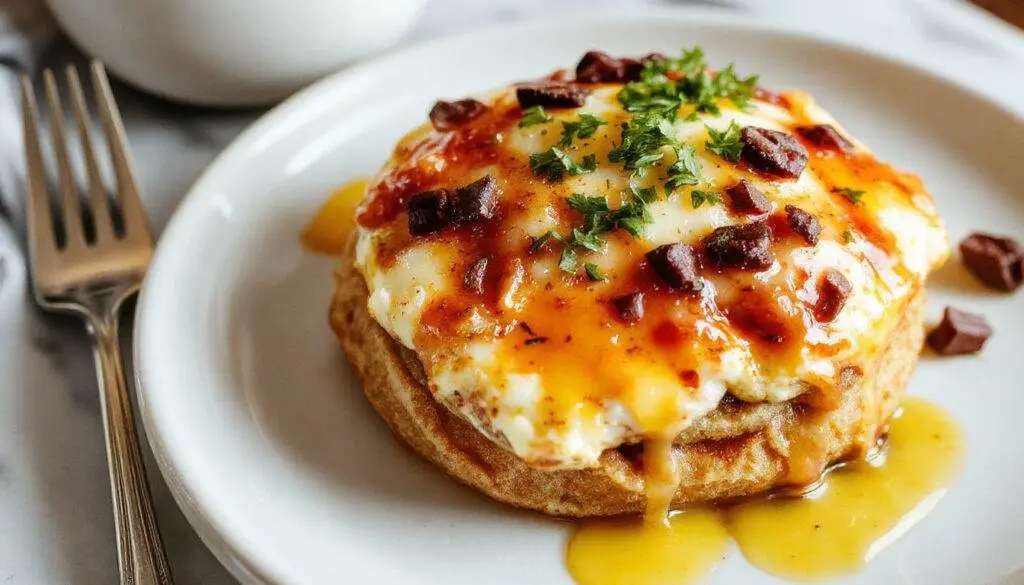 A vibrant breakfast plate featuring scrambled eggs with diced avocado, crispy bacon strips, and a side of mixed berries, arranged artfully on a white ceramic dish. The eggs are fluffy with a golden hue, topped with chopped herbs, and the bacon is perfectly crispy. The colorful berries add a touch of freshness and contrast to the savory elements, all set against a rustic wooden table with a sunlight glare highlighting the textures and colors.