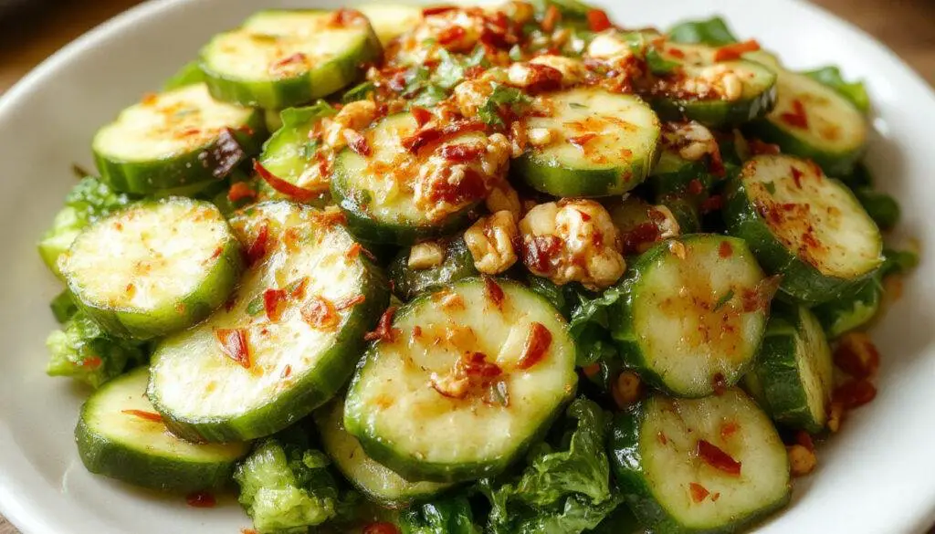 A vibrant cucumber salad featuring thinly sliced fresh cucumbers coated in a creamy, spicy peanut butter dressing. The dish is presented in a white bowl, garnished with chopped peanuts and fresh herbs, showcasing bright green cucumbers, reddish-peanut sauce, and crunchy toppings.