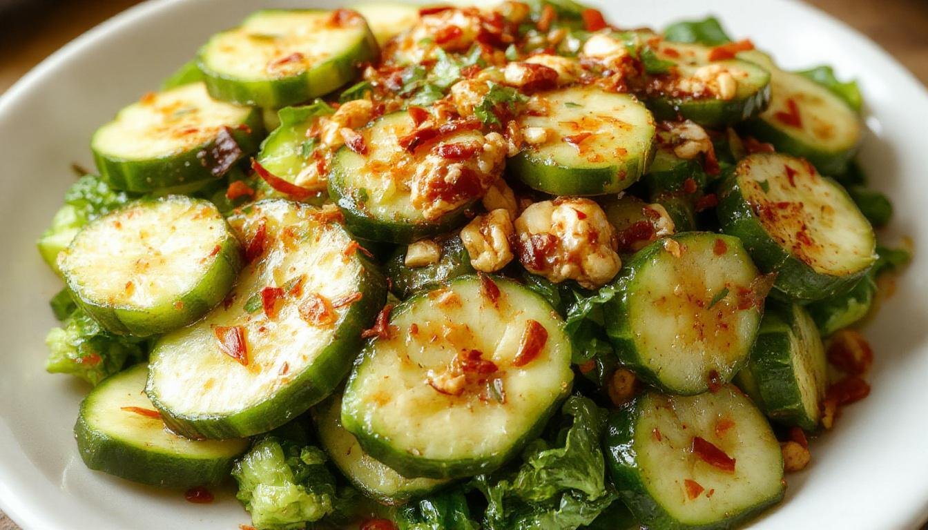 A vibrant cucumber salad featuring thinly sliced fresh cucumbers coated in a creamy, spicy peanut butter dressing. The dish is presented in a white bowl, garnished with chopped peanuts and fresh herbs, showcasing bright green cucumbers, reddish-peanut sauce, and crunchy toppings.