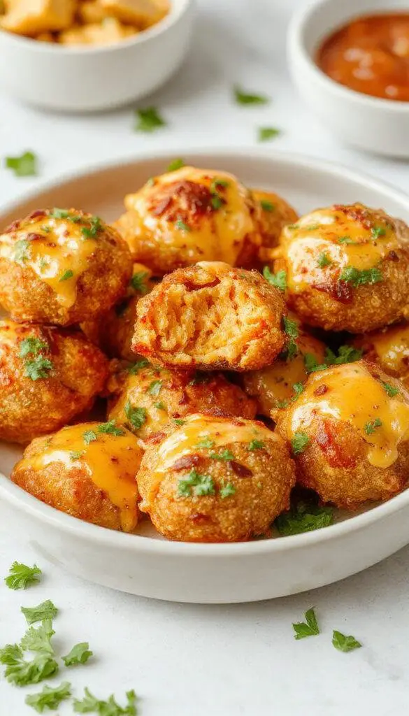 Golden-brown taco bombs with crispy exteriors, topped with melted cheese and garnished with fresh cilantro, arranged on a white plate with a side of salsa.