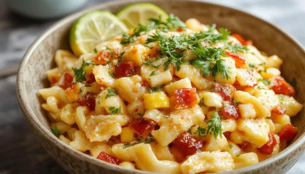 A vibrant bowl of street corn pasta salad featuring twisted pasta coated with a creamy yellow sauce, sprinkled with chopped cilantro, crumbled cheese, and bright red chili flakes. The dish is garnished with fresh lime wedges and sprinkled with additional herbs, presented on a rustic wooden table with a colorful backdrop, creating an inviting and appetizing look.