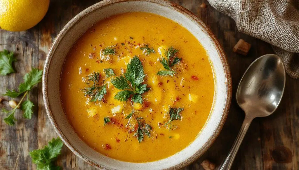A vibrant bowl of Lemon & Turmeric Lentil Soup with bright yellow turmeric broth, dotted with green herbs, topped with a slice of lemon, and garnished with fresh cilantro. The soup is served in a white ceramic bowl on a rustic wooden table with a spoon beside it.