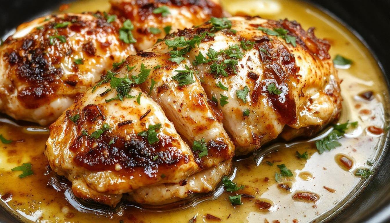 A close-up of a beautifully plated Persian-Spiced Chicken dish featuring tender, golden-brown chicken thighs garnished with fresh herbs and aromatic spices. The chicken is arranged on a white ceramic plate with colorful sesame seeds and a side of saffron-infused rice. The background includes a rustic wooden table setting with subtle hints of traditional Persian decor, enhancing the dish’s cultural rich presentation.