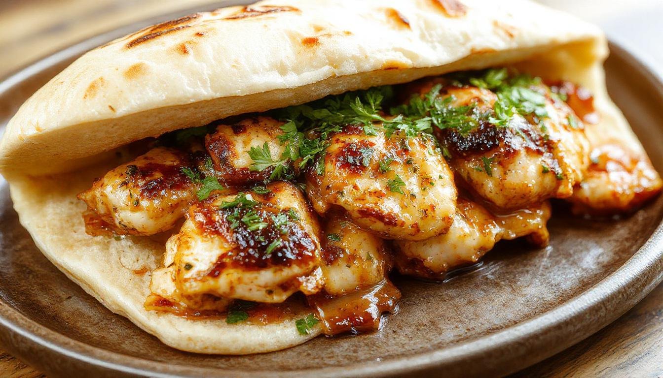 A close-up of a vibrant Greek chicken gyro with tender marinated chicken slices, fresh tomato, crisp lettuce, red onion, and creamy tzatziki sauce wrapped in warm pita bread. The ingredients are arranged neatly, showcasing the juicy chicken and colorful vegetables against a rustic wooden background.