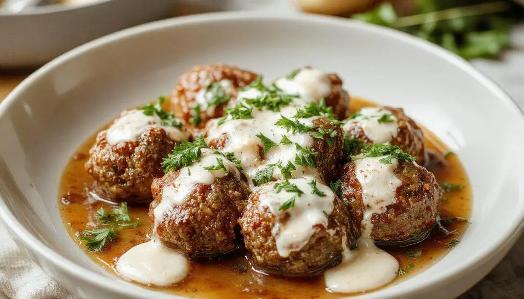 Crispy grilled beef kofta skewers with charred grill marks, served on a white ceramic plate garnished with fresh parsley and a side of creamy garlic yogurt sauce in a small bowl. The kofta has a golden-brown exterior with a slight char, highlighting the grill's smoky flavor, while the yogurt sauce appears smooth and rich, dotted with minced garlic and herbs.