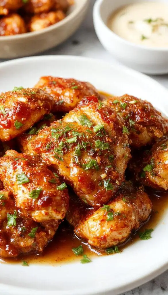 A plate of baked crunchy hot honey chicken garnished with fresh herbs, served alongside a side of vegetables and drizzled with honey and chili sauce.