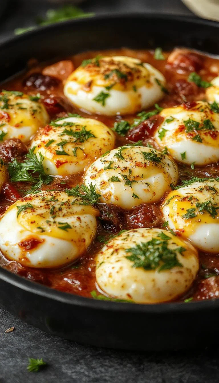 A close-up of baked Eggs Florentine on a white plate, featuring two poached eggs nestled on sautéed spinach and toasted English muffins, topped with a drizzle of creamy hollandaise sauce, vibrant green spinach contrasts with the golden yolks and pale hollandaise, garnished with a sprinkle of fresh herbs.