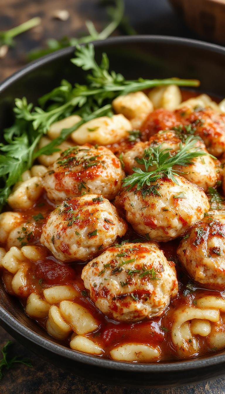 A plate of baked rosemary chicken meatballs served with a side of vibrant tomato orzo pasta garnished with fresh herbs