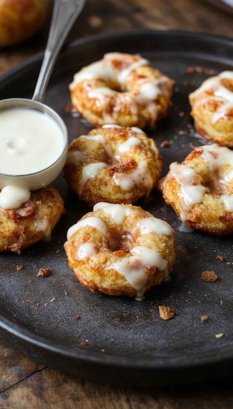 A close-up of golden-brown baked apple fritters with a glossy glaze, nestled on a rustic wooden plate. The fritters are round, slightly irregular in shape, with a crispy exterior and hints of cinnamon and apple visible inside. The glaze glistens under soft lighting, highlighting their tempting texture and warm color.