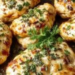A close-up of grilled Garlic Parmesan Chicken breast slices arranged on a rustic wooden platter, garnished with chopped parsley. The chicken has a golden-brown crispy crust with visible bits of garlic and melted Parmesan cheese, glistening with a slight char for a smoky effect.