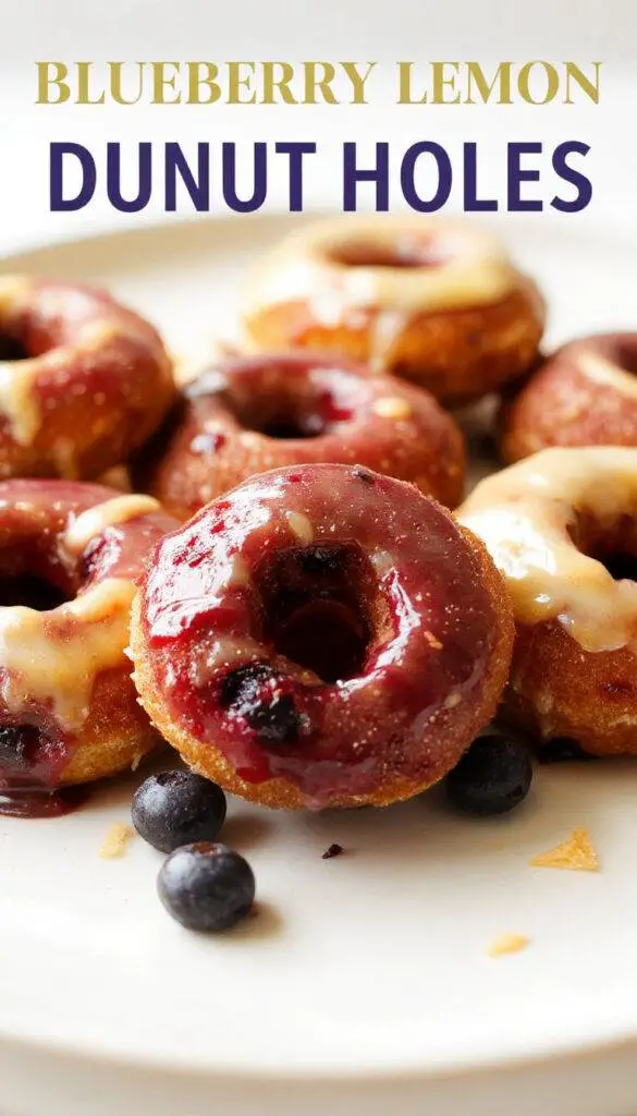 A close-up of golden, glazed blueberry lemon curd donut holes garnished with fresh blueberries and lemon zest on a rustic plate.