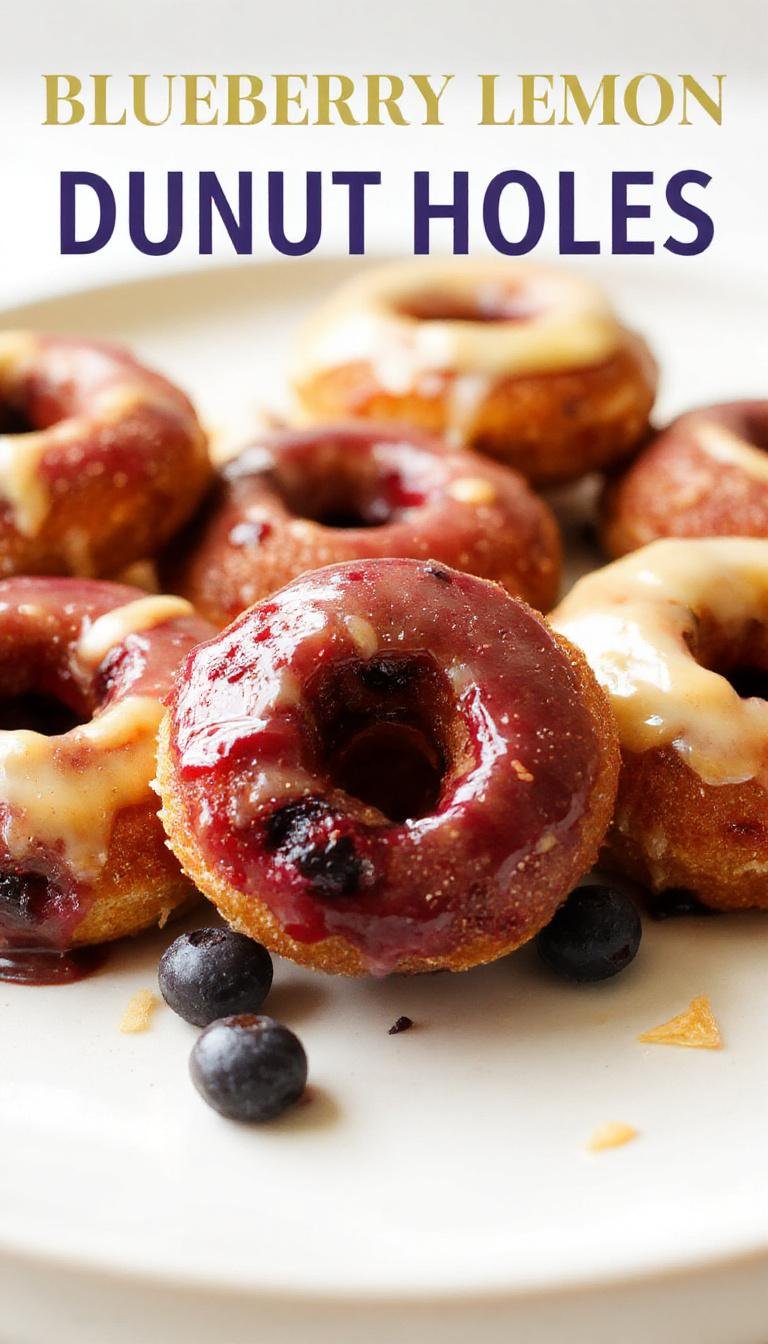 A close-up of golden, glazed blueberry lemon curd donut holes garnished with fresh blueberries and lemon zest on a rustic plate.