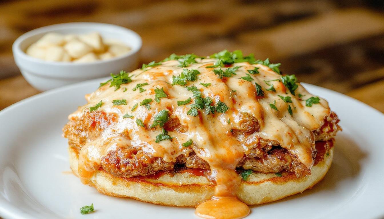 A close-up of a vibrant buffalo chicken cheesesteak sandwich featuring sliced grilled chicken coated in a bright orange buffalo sauce, melted cheese, and toasted hoagie roll, garnished with fresh chopped green onions and a side of celery sticks on a rustic wooden board.