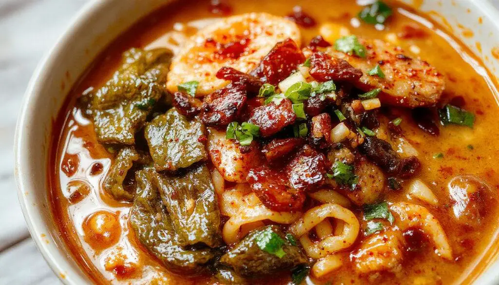 A steaming bowl of spicy Korean ramen noodles topped with vibrant red chili flakes, sliced green onions, soft-boiled eggs, and tender slices of pork belly arranged artfully. The broth is rich, deep red with visible chili oil glistening on the surface, contrasting with the pale yellow noodles and fresh garnishes. The bowl is placed on a wooden table, with steam rising, highlighting the bold and fiery presentation of the dish.
