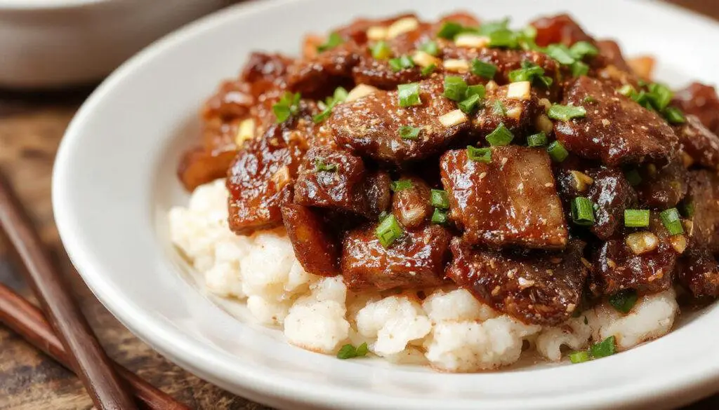 A vibrant plate of Mongolian Beef featuring tender, glossy beef slices coated in a rich, dark brown sauce. The beef is garnished with sliced green onions and sesame seeds, arranged atop a bed of steamed rice. The dish's glossy texture and colorful green garnishes contrast beautifully against a rustic wooden background, highlighting its savory appeal.