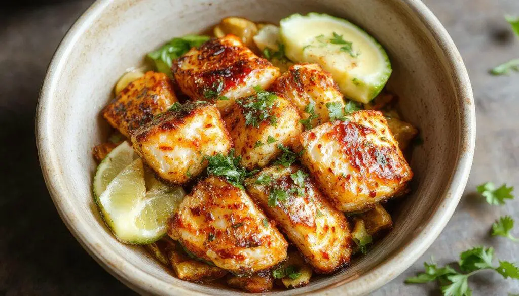 A vibrant blackened fish taco bowl featuring perfectly seasoned, charred fish fillets atop a colorful bed of shredded lettuce, diced tomatoes, and creamy avocado slices. Crushed tortilla chips and a drizzle of sauce add texture and visual appeal, all presented in a rustic bowl with fresh lime wedges on the side.