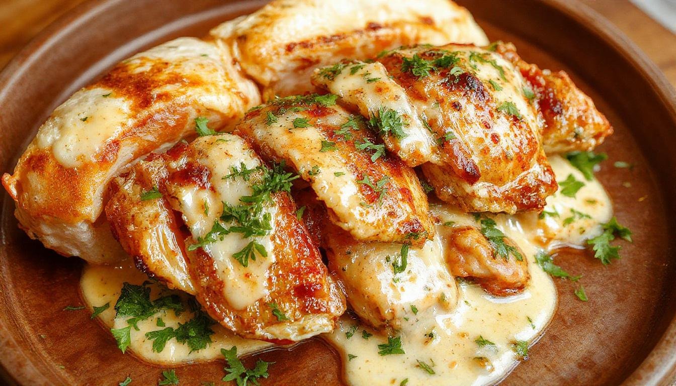 A close-up of a golden-brown chicken shawarma wrap, sliced to reveal tender shredded chicken inside, topped with fresh herbs and drizzled with creamy garlic sauce. The wrap is presented on a rustic wooden plate, with colorful side vegetables and a small bowl of extra sauce in the background.