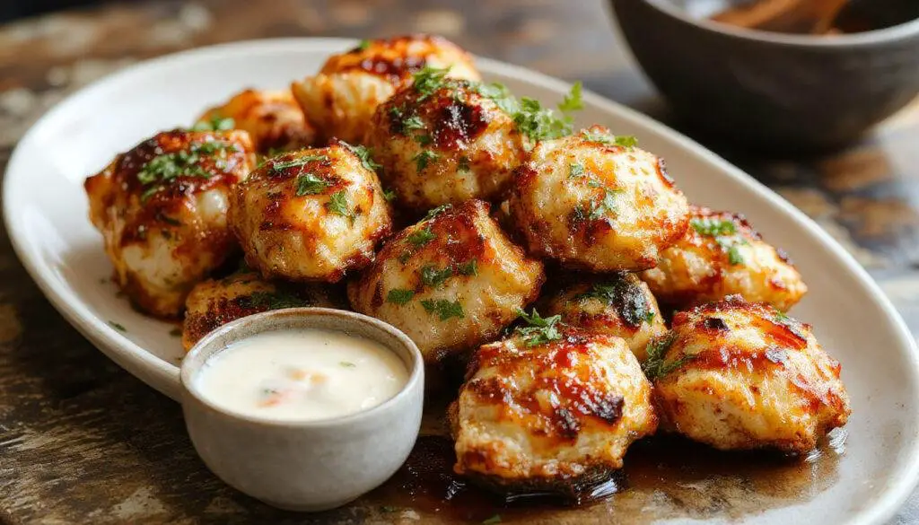 A close-up of grilled chicken bites with a charred, smoky exterior placed on a rustic wooden platter. The chicken is glistening with a slight gloss from the garlic sauce drizzled over it, garnished with fresh chopped herbs. The background features a small bowl of creamy garlic sauce, and the scene highlights the juicy interior of the chicken, with crispy edges and tender texture.