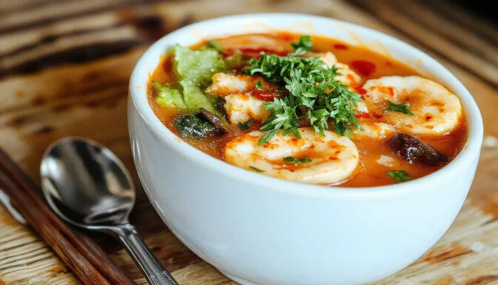 A vibrant bowl of spicy Korean ramen sits on a dark wooden table. The soup features rich red broth, topped with sliced green onions, a soft-boiled egg, slices of tender pork, and colorful vegetables. The bowl is garnished with sesame seeds and chili flakes, creating a visually appealing contrast of hues and textures.