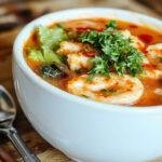 A vibrant bowl of spicy Korean ramen sits on a dark wooden table. The soup features rich red broth, topped with sliced green onions, a soft-boiled egg, slices of tender pork, and colorful vegetables. The bowl is garnished with sesame seeds and chili flakes, creating a visually appealing contrast of hues and textures.