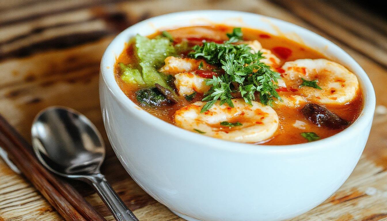 A vibrant bowl of spicy Korean ramen sits on a dark wooden table. The soup features rich red broth, topped with sliced green onions, a soft-boiled egg, slices of tender pork, and colorful vegetables. The bowl is garnished with sesame seeds and chili flakes, creating a visually appealing contrast of hues and textures.