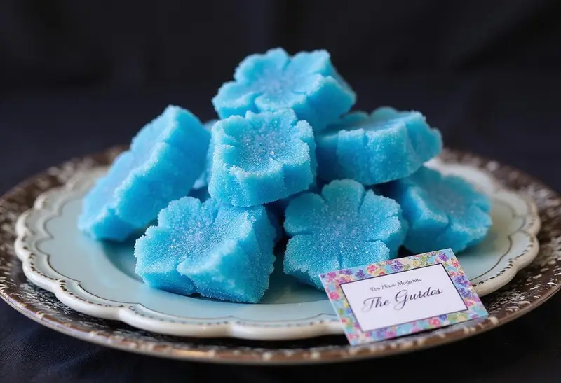 Final presentation of Breaking Bad’s Heisenberg Blue Rock Candy Clusters on a stylish plate.