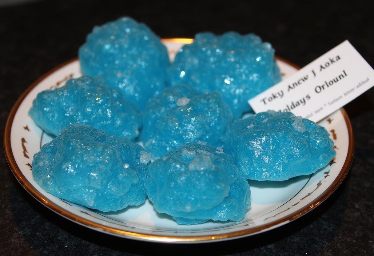 Final presentation of Breaking Bad’s Heisenberg Blue Rock Candy Clusters on a stylish plate.