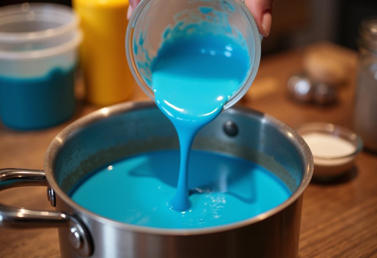 Adding blue food coloring to create the iconic color of Breaking Bad’s Heisenberg Blue Rock Candy Clusters.
