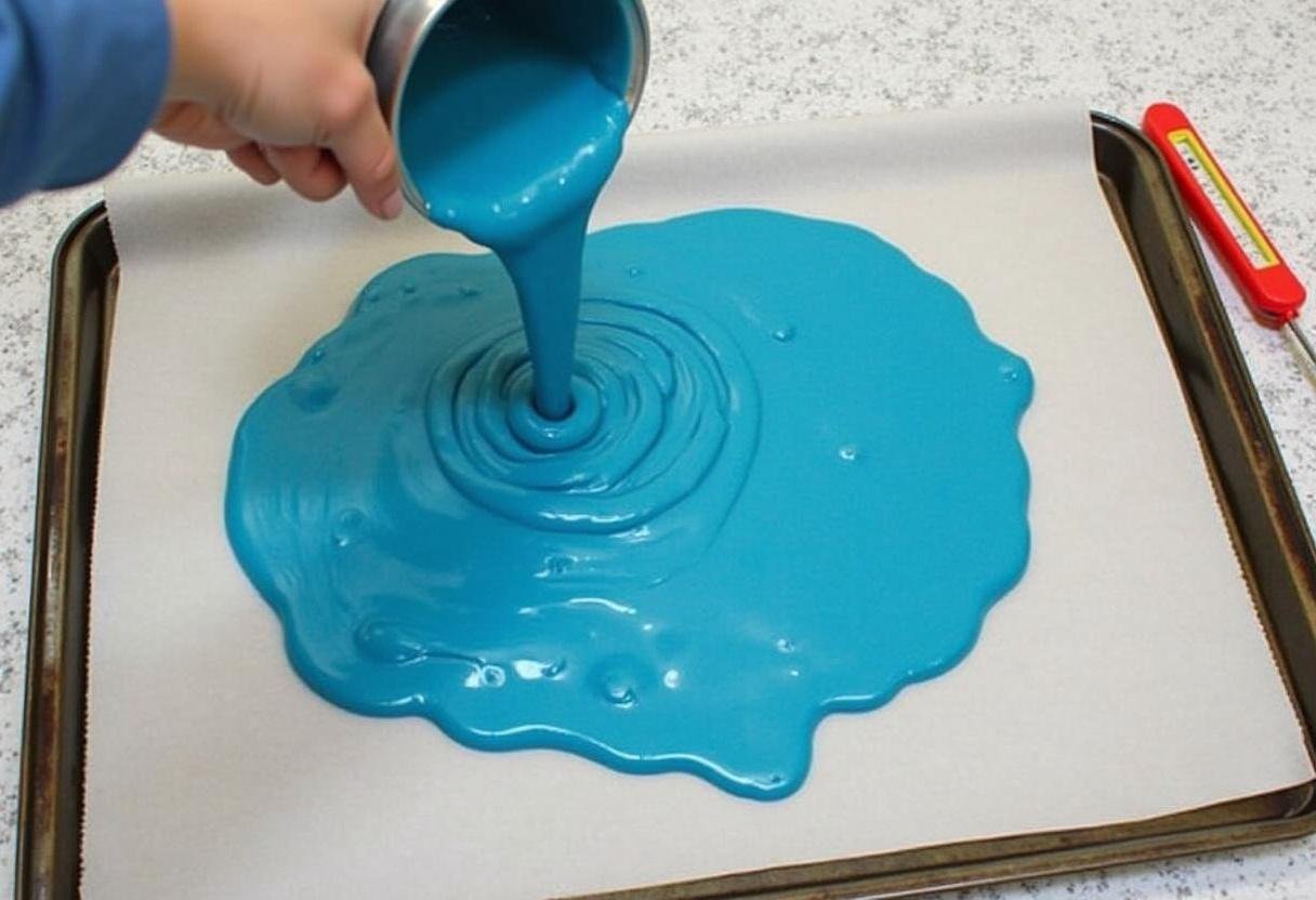 Pouring the blue candy mixture onto a sheet to form the Breaking Bad’s Heisenberg Blue Rock Candy Clusters.