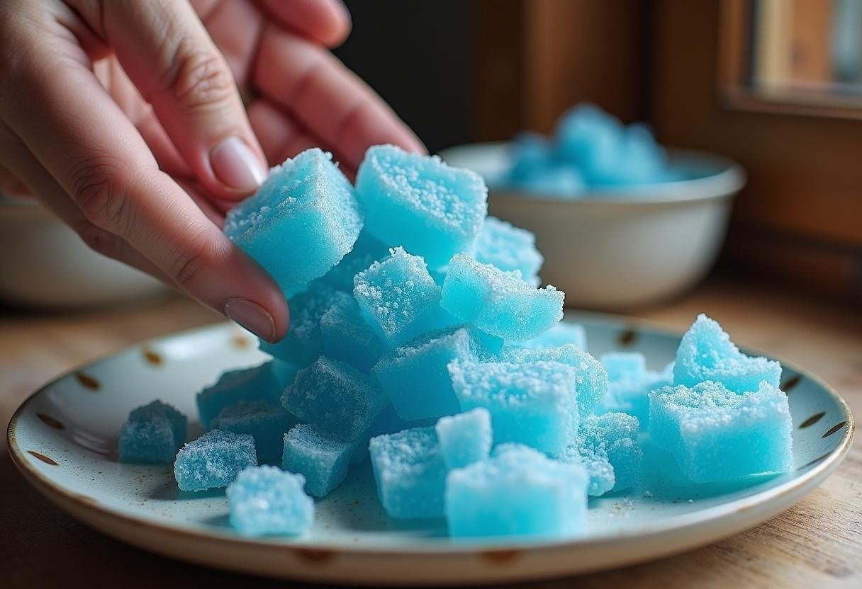 Breaking cooled blue rock candy clusters for Breaking Bad’s Heisenberg Blue Rock Candy Clusters.