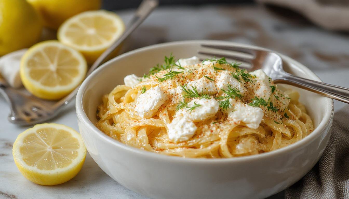 A close-up of a serving of lemon ricotta pasta topped with fresh lemon zest and chopped herbs. The creamy, pale yellow sauce coats short pasta, garnished with a sprinkle of black pepper and a slice of lemon on the side, presented on a rustic white plate.