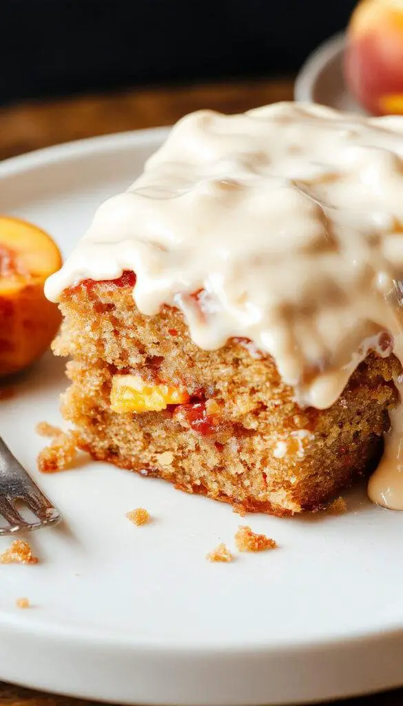 A beautifully layered brown sugar peach cake adorned with a creamy frosting, topped with fresh peach slices and a sprinkle of brown sugar, displayed on an elegant cake stand. The cake showcases golden-brown edges with moist, fluffy layers and vibrant peach slices adding color and freshness.