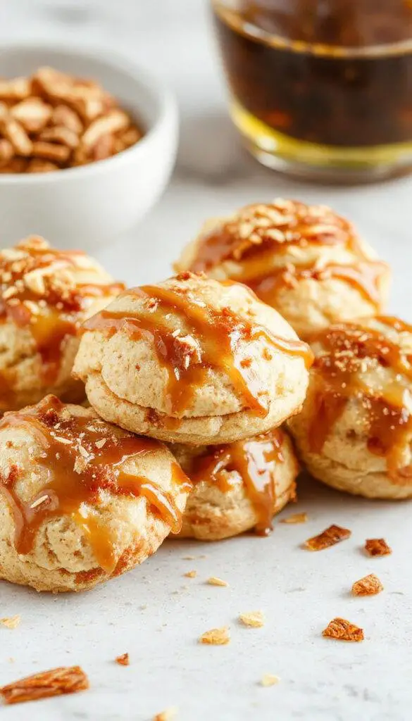 A close-up of two golden-brown caramel apple cider whoopie pies with creamy filling, stacked on a rustic wooden plate, garnished with a drizzle of caramel sauce and small apple slices in the background.