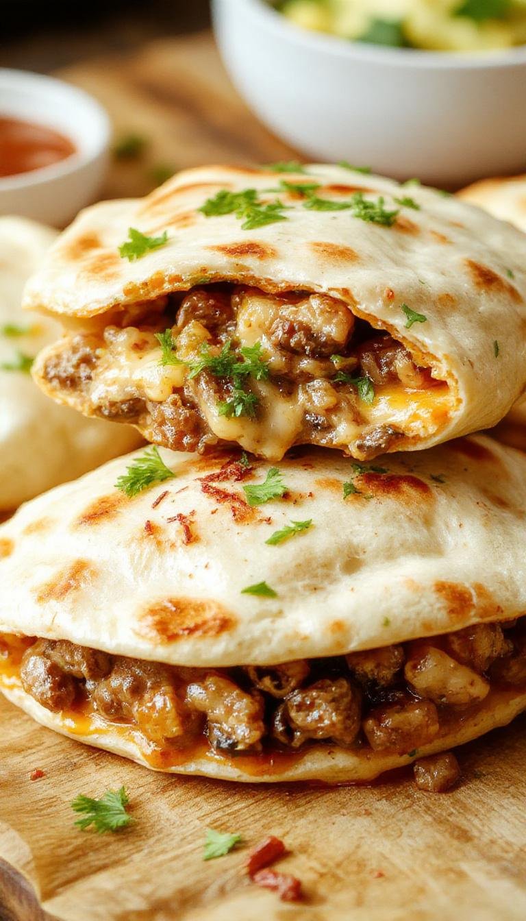 A close-up of cheesy beef and mushroom filling inside crispy pita pockets garnished with fresh herbs.