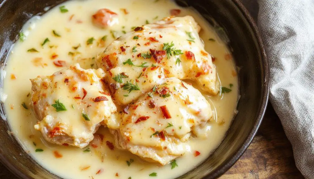 A close-up of a hearty chicken dish featuring tender chicken breasts generously covered in a creamy, golden sour cream and cheese sauce, garnished with chopped herbs, served on a rustic plate with a side of vegetables, showcasing a rich, indulgent texture and warm tones.