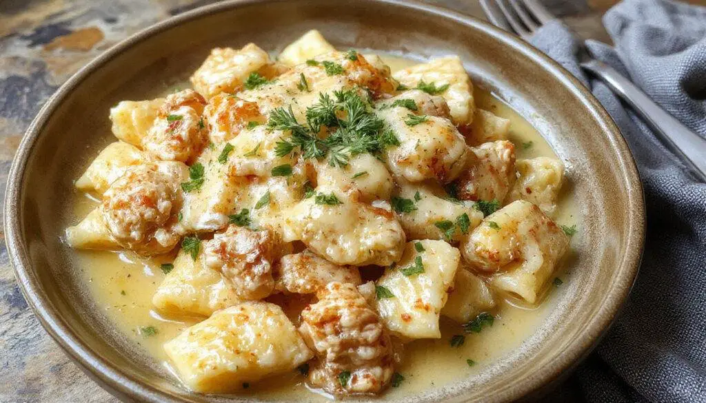 A creamy pasta dish featuring shredded chicken coated in a rich cheese sauce, topped with crispy bacon bits and sprinkled with chopped parsley. The pasta is glossy and smooth, with steam rising, served in a deep bowl that highlights the luscious texture and golden-brown accents of the bacon.