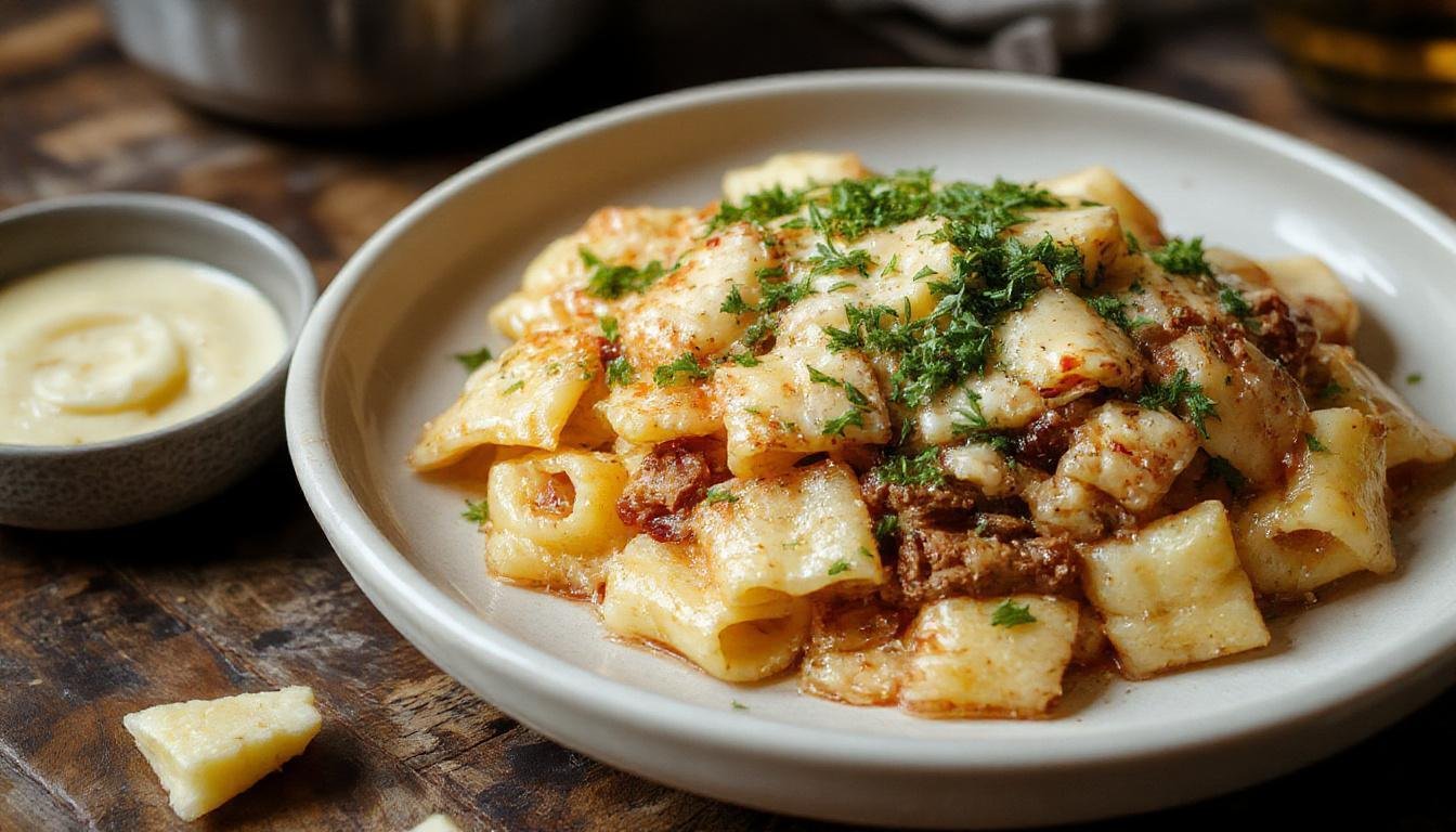 A close-up shot of a plated dish featuring tender slices of beef coated in a rich, cheesy garlic butter sauce, accompanied by perfectly cooked bowtie pasta garnished with fresh herbs. The dish is presented on an elegant white plate with a rustic backdrop, highlighting the glossy texture of the sauce and the vibrant colors of the ingredients.