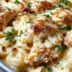 A close-up image of a golden-brown baked pasta dish topped with melted cheese, crispy edges, and sprinkled with fresh parsley. The dish reveals tender pasta coated in a rich, cheesy sauce with visible garlic and parmesan bits. The presentation showcases a bubbling, steaming casserole with a crispy crust on top, inviting and comforting.