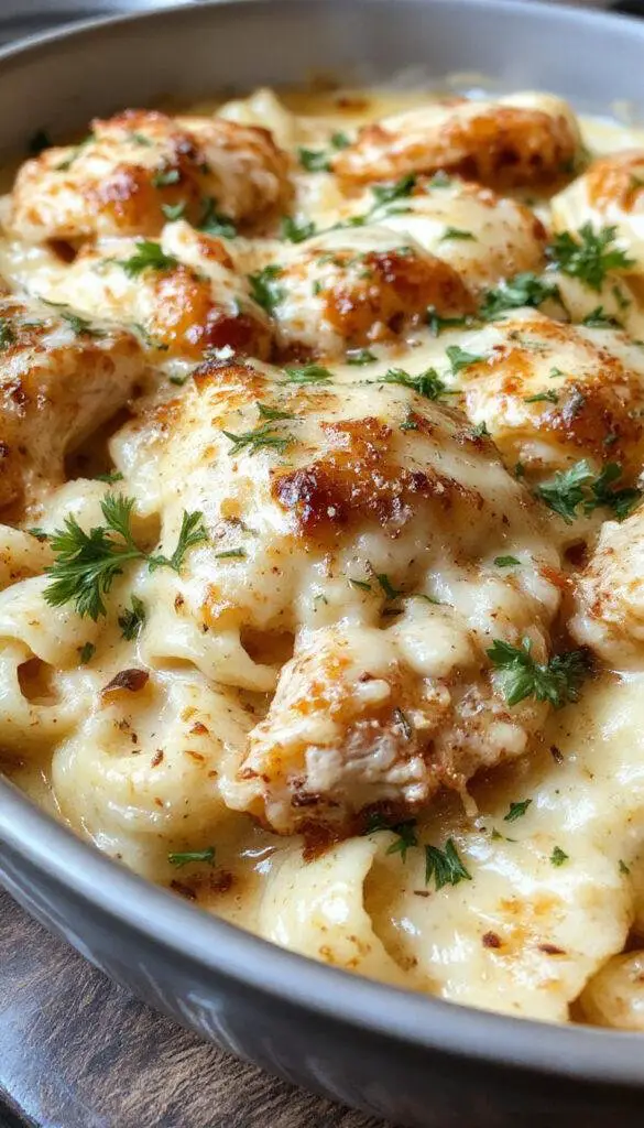 A close-up image of a golden-brown baked pasta dish topped with melted cheese, crispy edges, and sprinkled with fresh parsley. The dish reveals tender pasta coated in a rich, cheesy sauce with visible garlic and parmesan bits. The presentation showcases a bubbling, steaming casserole with a crispy crust on top, inviting and comforting.