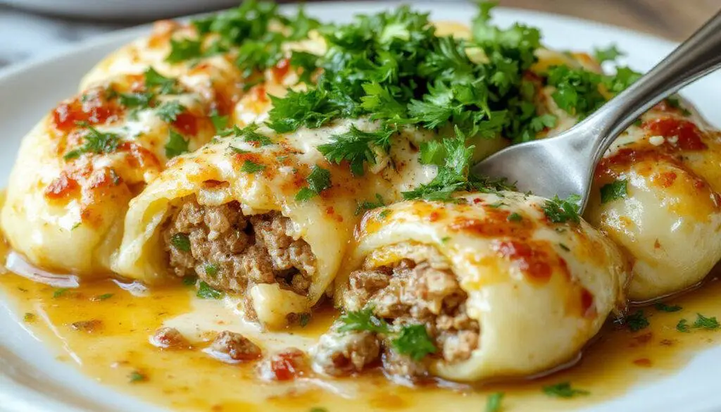 A close-up of large pasta shells filled with seasoned ground beef and melted cheese, topped with a rich tomato sauce and sprinkled with fresh herbs, arranged on a rustic white plate presenting a comforting, cheesy filling with a golden-brown finish.