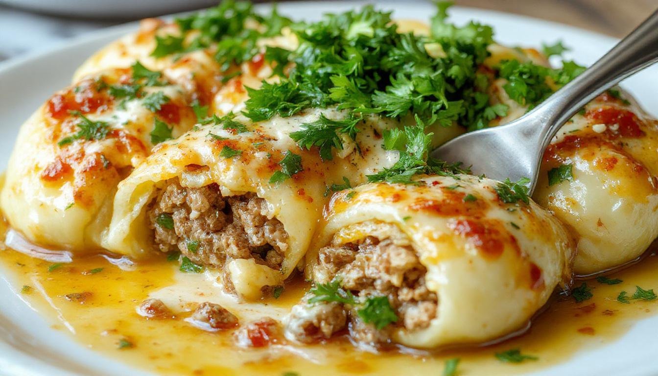 A close-up of large pasta shells filled with seasoned ground beef and melted cheese, topped with a rich tomato sauce and sprinkled with fresh herbs, arranged on a rustic white plate presenting a comforting, cheesy filling with a golden-brown finish.