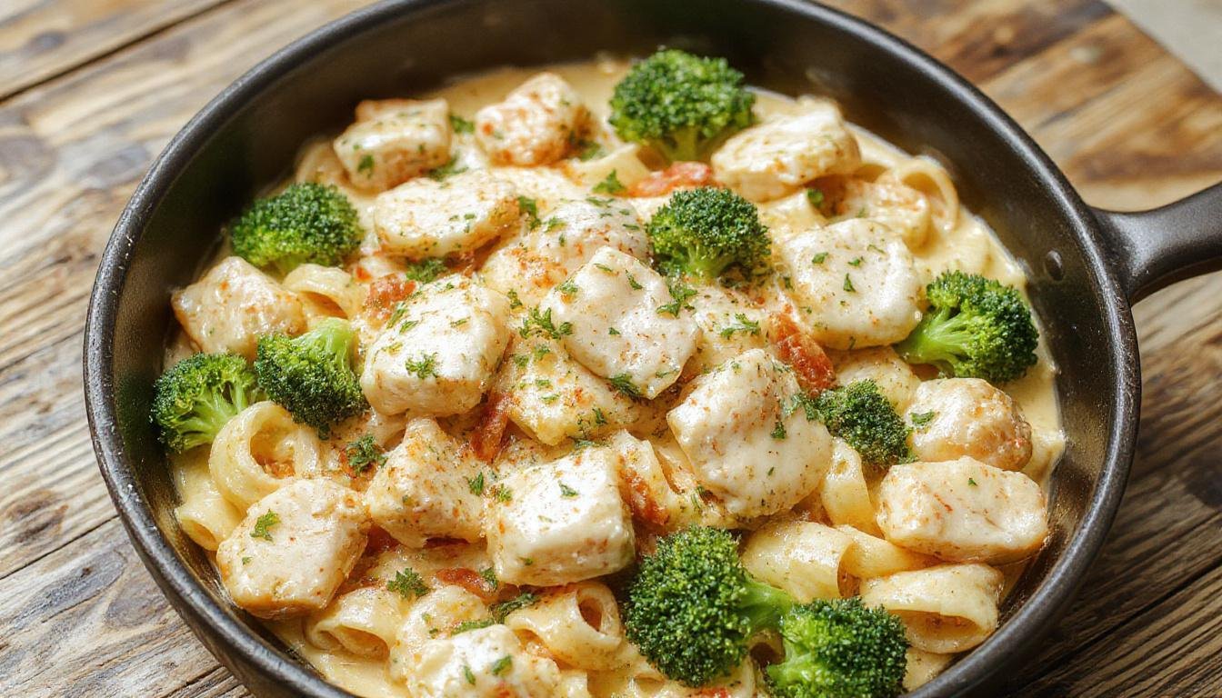 A close-up of a vibrant skillet dish featuring spiral pasta coated in creamy cheese sauce, topped with golden-brown chicken chunks, bright green broccoli florets, and a drizzle of ranch dressing, all served in a rustic skillet with a sprinkle of fresh herbs.