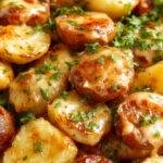 A close-up of a hearty serving of cheesy ranch potatoes with slices of smoked sausage on top. The dish features golden-brown roasted potatoes coated in creamy ranch sauce, topped with melted cheese and garnished with fresh herbs. The vibrant colors of the creamy, cheesy topping contrast with the smoky sausage slices, all presented in a rustic bowl on a wooden table.