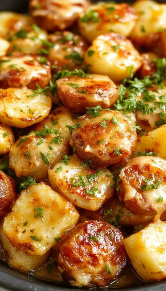 A close-up of a hearty serving of cheesy ranch potatoes with slices of smoked sausage on top. The dish features golden-brown roasted potatoes coated in creamy ranch sauce, topped with melted cheese and garnished with fresh herbs. The vibrant colors of the creamy, cheesy topping contrast with the smoky sausage slices, all presented in a rustic bowl on a wooden table.