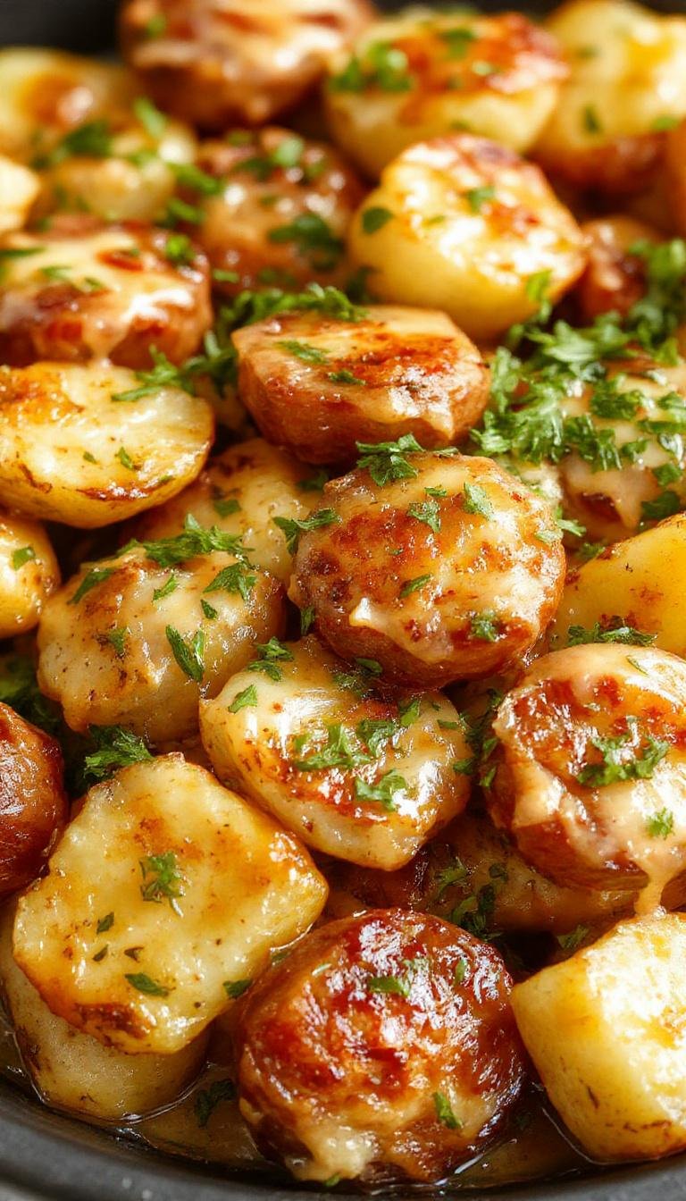 A close-up of a hearty serving of cheesy ranch potatoes with slices of smoked sausage on top. The dish features golden-brown roasted potatoes coated in creamy ranch sauce, topped with melted cheese and garnished with fresh herbs. The vibrant colors of the creamy, cheesy topping contrast with the smoky sausage slices, all presented in a rustic bowl on a wooden table.